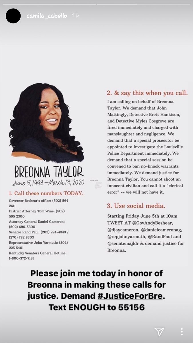 Through her social media Instagram she shares the steps to demand justice for Breonna Taylor, she did all the steps (called and used her social media).