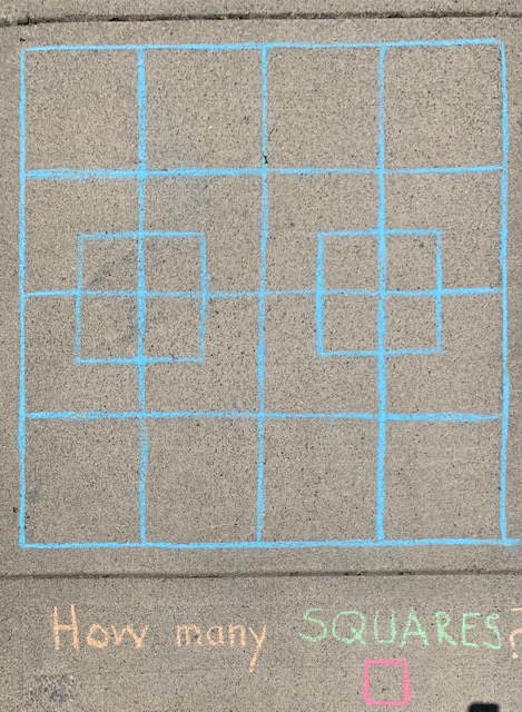 sidewalk chalk + math = learning fun in the sun (or shade on a hot day like today!)
Check out our sidewalk chalk math puzzle below: How many squares can you find in the drawing?
<a href="/HaltonDSB/">HDSB</a> <a href="/HDSBKidsLearn/">HDSB Student Learning Outside the Classroom</a>