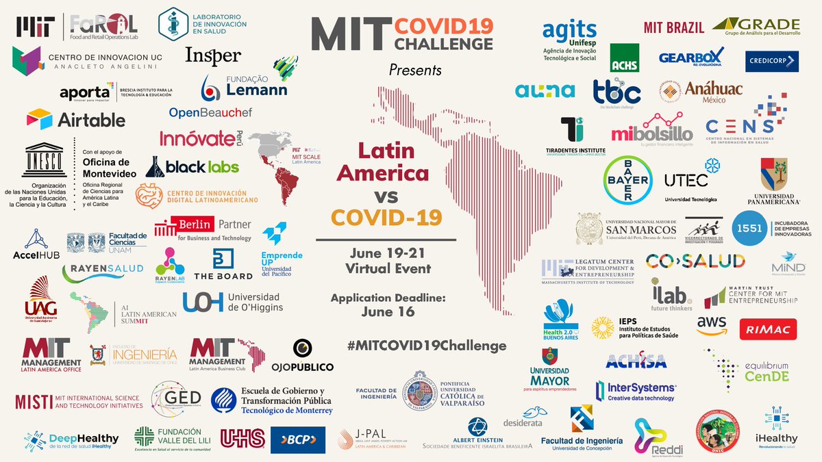 Participa en el <a href="/MITvsCOVID19/">MIT COVID-19 Challenge</a> Challengue. El cierre de aplicaciones es el 16 de junio. covid19challenge.mit.edu/latam-vs-covid…