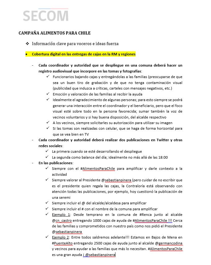 manupalominos's tweet image. 📸CAJAS DE ALIMENTOS| La SECOM pide grabar:

- Funcionarios bajando cajas y entregándolas a las familias.
- Emoción y valoración de las familias al recibir ayuda. 
- Idealmente el agradecimiento de algunas personas.

Recomiendan "siempre valorar al Presidente @sebastianpinera" 👇