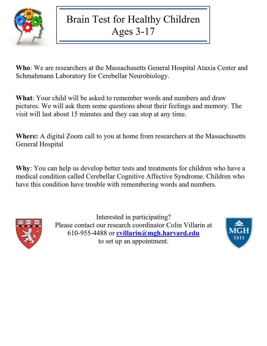 Our coordinator is conducting a research study for a new cognitive assessment scale for children. We're in search of families with children aged 3-17 to participate. If interested, please use the link below to reach out for more information. rally.partners.org/study/healthyc…