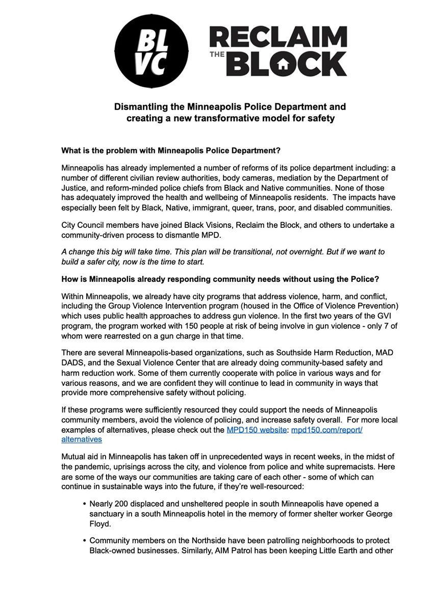 reclaimtheblock's tweet photo. @MPD_150 - This fact sheet that breaks down the problem with MPD and highlights proven community safety models we already have right here in Minneapolis and throughout the country. https://t.co/vYhXIFhErv