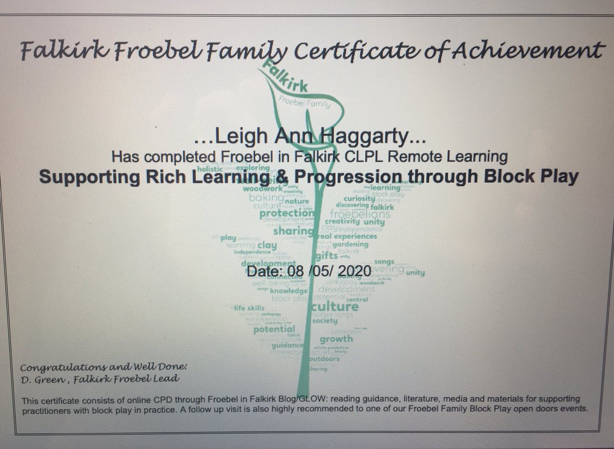 FalkirkFroebel's tweet photo. Big well done to Leigh Ann Haggarty 👏@Carronnursery @CarronPrimary Completing Froebel in Falkirk ~ Supporting Rich Learning and Progression through Block Play💕🌈#FalkirkFroebelRemoteCLPL #BlocksRock @FCEYteam #FCEYRemoteCLPL https://t.co/zVgTBnPXAD