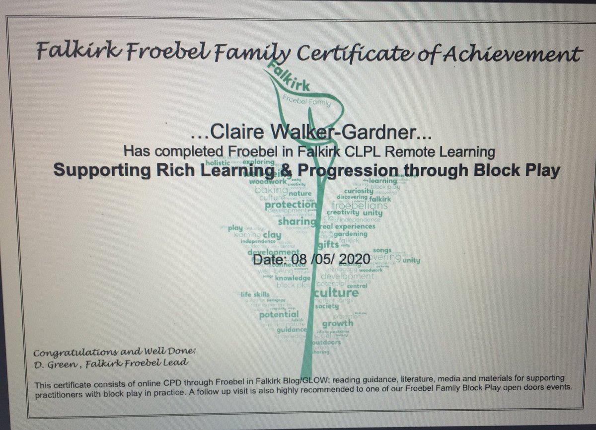 FalkirkFroebel's tweet photo. Big well done to Claire Walker-Gardner👏@NurseryStAndrew @primaryandrew Completing Froebel in Falkirk ~ Supporting Rich Learning and Progression through Block Play💕🌈#FalkirkFroebelRemoteCLPL #BlocksRock @FCEYteam #FCEYRemoteCLPL https://t.co/sGD2taRIUo