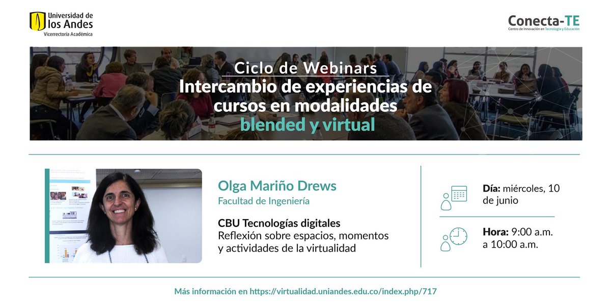 Conectate_andes's tweet photo. ¿Cómo abordar en la virtualidad una clase con estudiantes de semestres y disciplinas diferentes? 

Inscripciones: https://t.co/emL2Ove54l

Charla este miércoles 10 de junio, de 9:00 a.m. a 10:00 a.m., con Olga Mriño Drews de @inguniandes https://t.co/Dr1z2uwdde