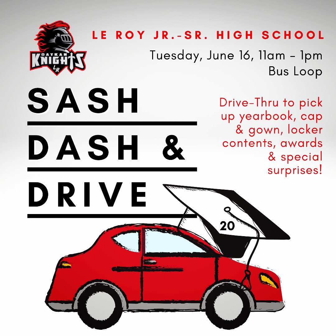LeRoy_CSD's tweet photo. 🎓🚗🎓🚗🎓🚗
Sash, Dash, & Drive is 1 WEEK away!
Class of 2020👉we are excited for a fun & interactive drive thru event! Bring your smiles and be ready for surprises!
📍Jr.-Sr. High Bus Loop
⌚️11am-1pm
#LR20🎓❤️
#LetsGoKnights https://t.co/RMiQz8RO1p