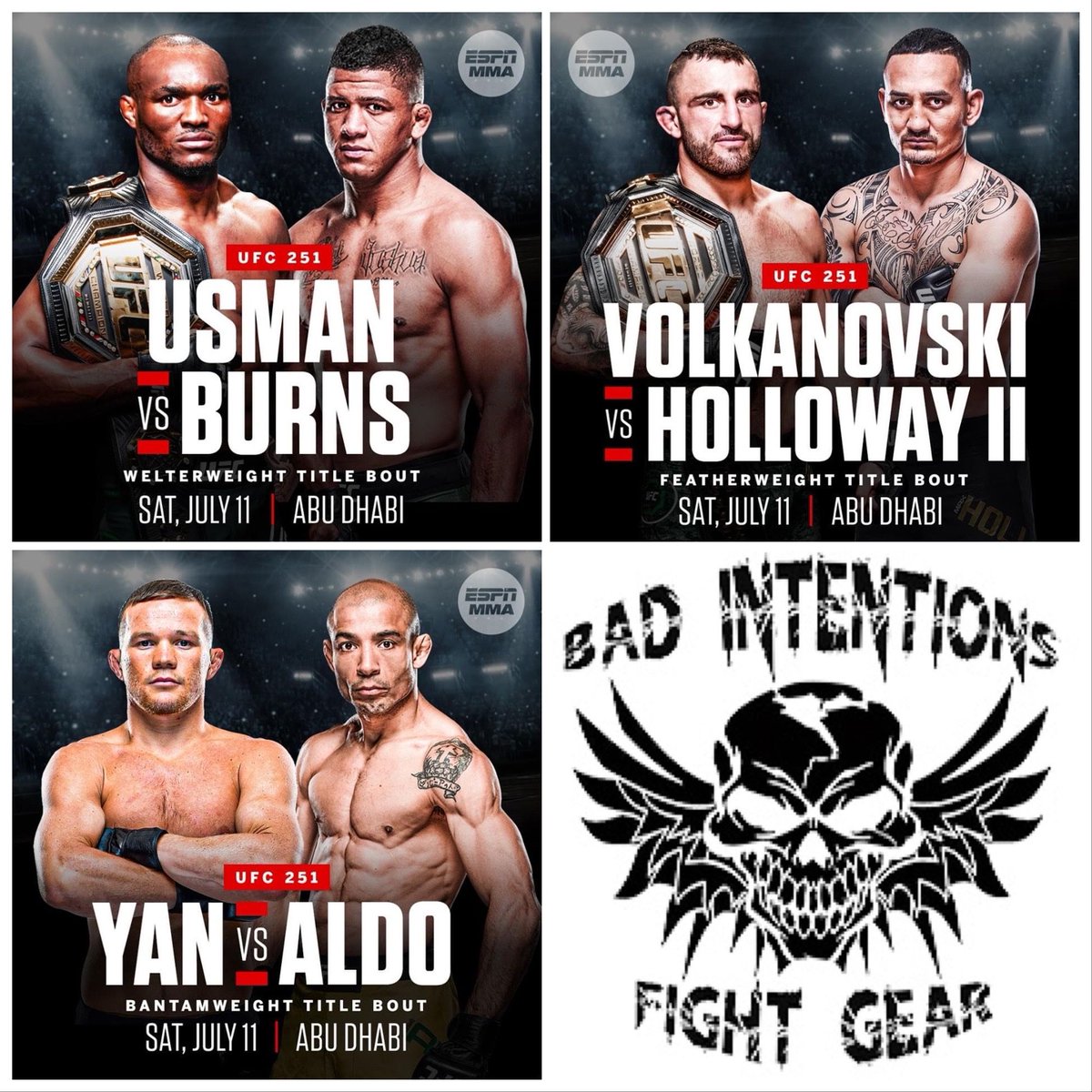 BadIntentionsFG's tweet photo. #UFC251 is gonna be 🔥

#UFC #UFCFightNight #Bellator #BellatorMMA #XKO #MMA #JiuJitsu #KickBoxing #Karate #BBJ #Wrestling #MuayThai #Kenpo #Fighting #Follow #FightGear #MMAShirts #LFA #BareKnuckleFC #BKB #Merica #America https://t.co/bvn8qhB4nd