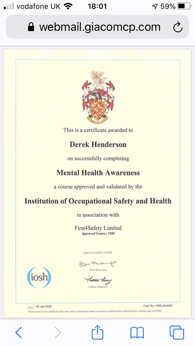 URiskManagement's tweet photo. @IOSH_tweets @IOSHmagazine @first4safetyltd Mental Health Awareness training completed #IOSH #mentalhealth #mentalhealthduringquarantine https://t.co/lfxseWzkH6