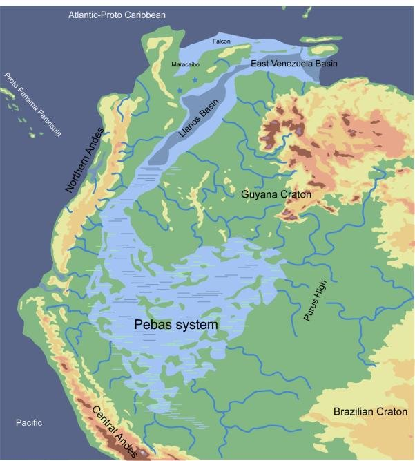 El Megahumedal que se ha podido determinar en el centro de la actual cuenca amazónica para el Mioceno (conocido como Megahumedal Pebas) se componía de lagos y pantanos poco profundos con un área de más un millón y medio de kilómetros cuadrados en su apogeo.