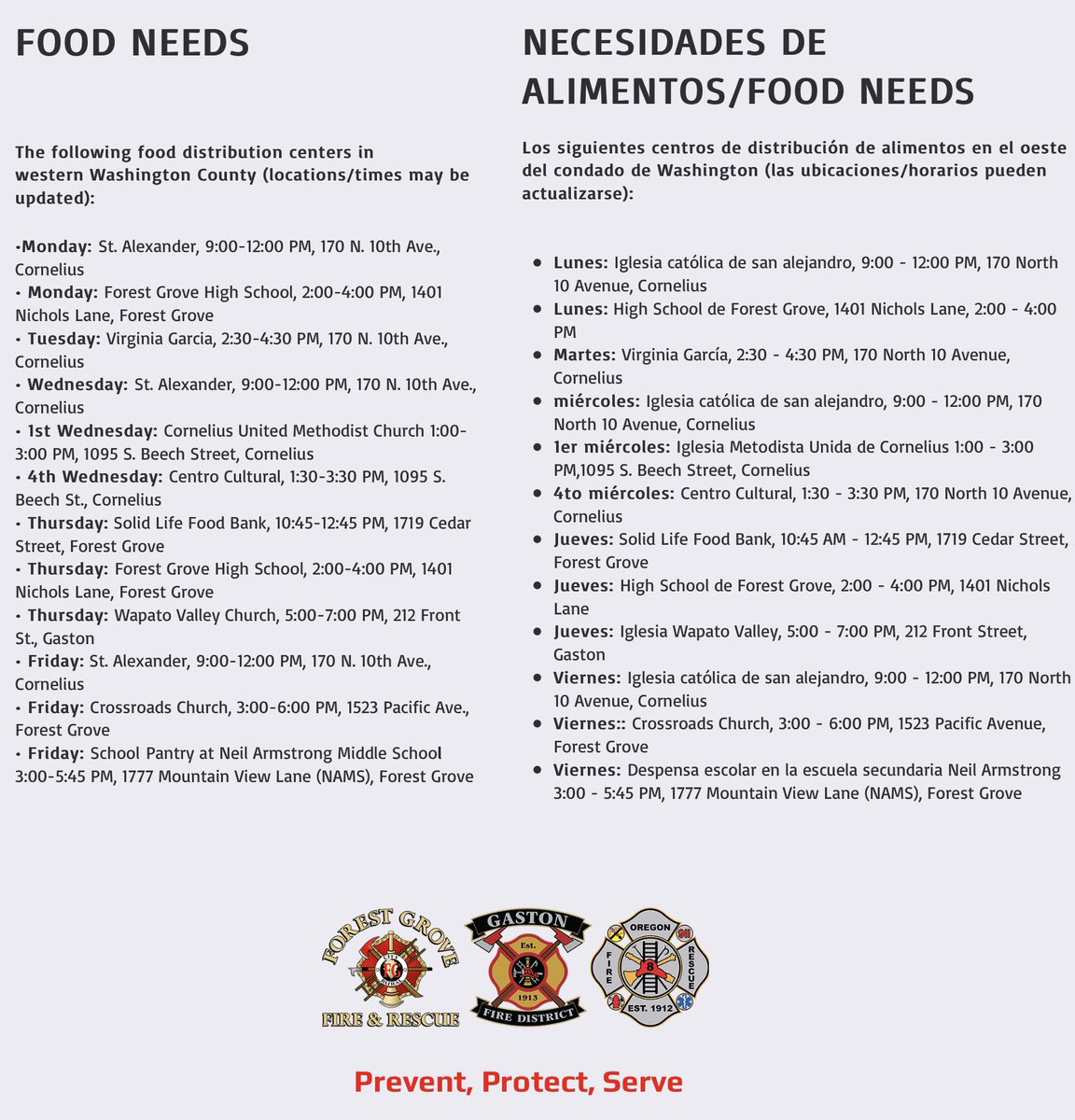 ForestGroveFire's tweet photo. This week’s food relief locations for families in need in west Washington County can be found here. https://t.co/mA7WSxXszC