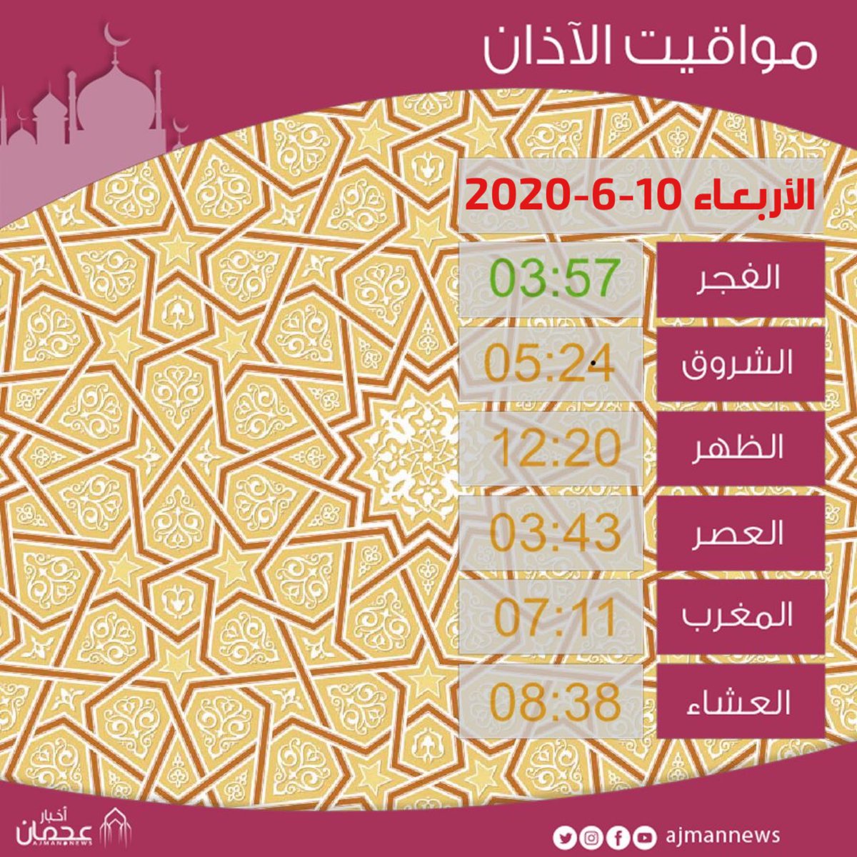 أخبار عجمان On Twitter مواقيت الأذان لإمارة عجمان و دبي و الشارقة وضواحيهم ليوم الأريعاء 02 05 2018م صلاة مواقيت الصلاه مواقيت الأذان Https T Co 1yoz38q8vh