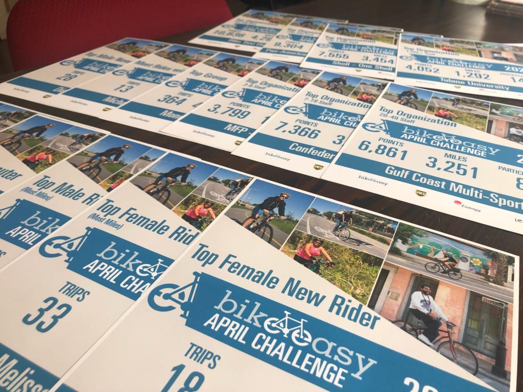BikeEasy's tweet photo. Fresh off the presses! Certificates for winning individuals and organizations in each category are on the way this week. Clear off space on your mantle or in your office to show off your great work!
#BikeEasyChallenge #BikeNOLA https://t.co/Gp625WD5v7
