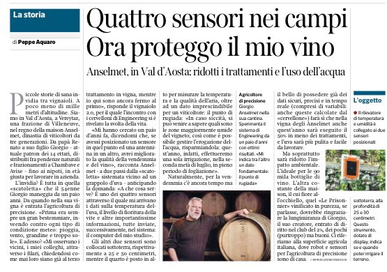 EngineeringSpa's tweet photo. “Quest’anno faremo il 50% dei trattamenti, l’uva sarà più pulita, la qualità migliore e ridurremo l’impatto ambientale.” @MaisonAnselmet racconta al @Corriere i vantaggi delle nostre soluzioni. https://t.co/WeYy48pZbi @EngineeringDHUB #IoT #SmartAgriculture #SaveTheGrape #CSR https://t.co/iMlH6EaC0U