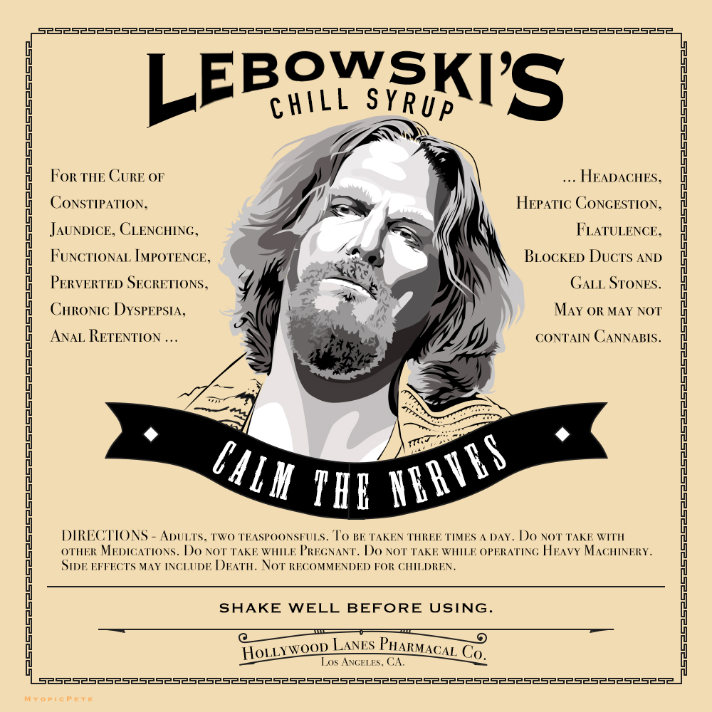 PeteMyopic's tweet photo. Lebowski's Chill Syrup #BigLebowski #TheDude #Coenbrothers #vintagelabel #popart #neopop #digitalart
#illustration #JeffBridges #parodyart #Wednesdayvibes #nerdy https://t.co/oXxyvGx19M