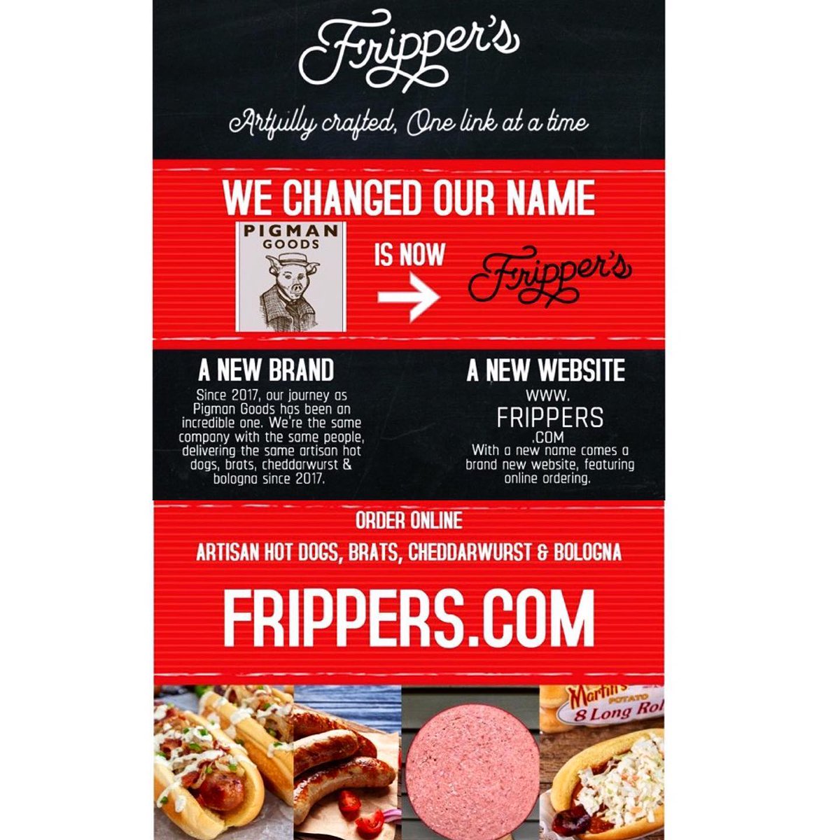 FrippersSausage's tweet photo. Friends, we have a some BIG NEWS...Pigman Goods is now Fripper’s!! Same crew, same snappy Hot Dogs, Bratwurst, Cheddarwurst &amp; Bologna.
Check us out at https://t.co/hxLJh5zZPN! https://t.co/kidQ60i16f