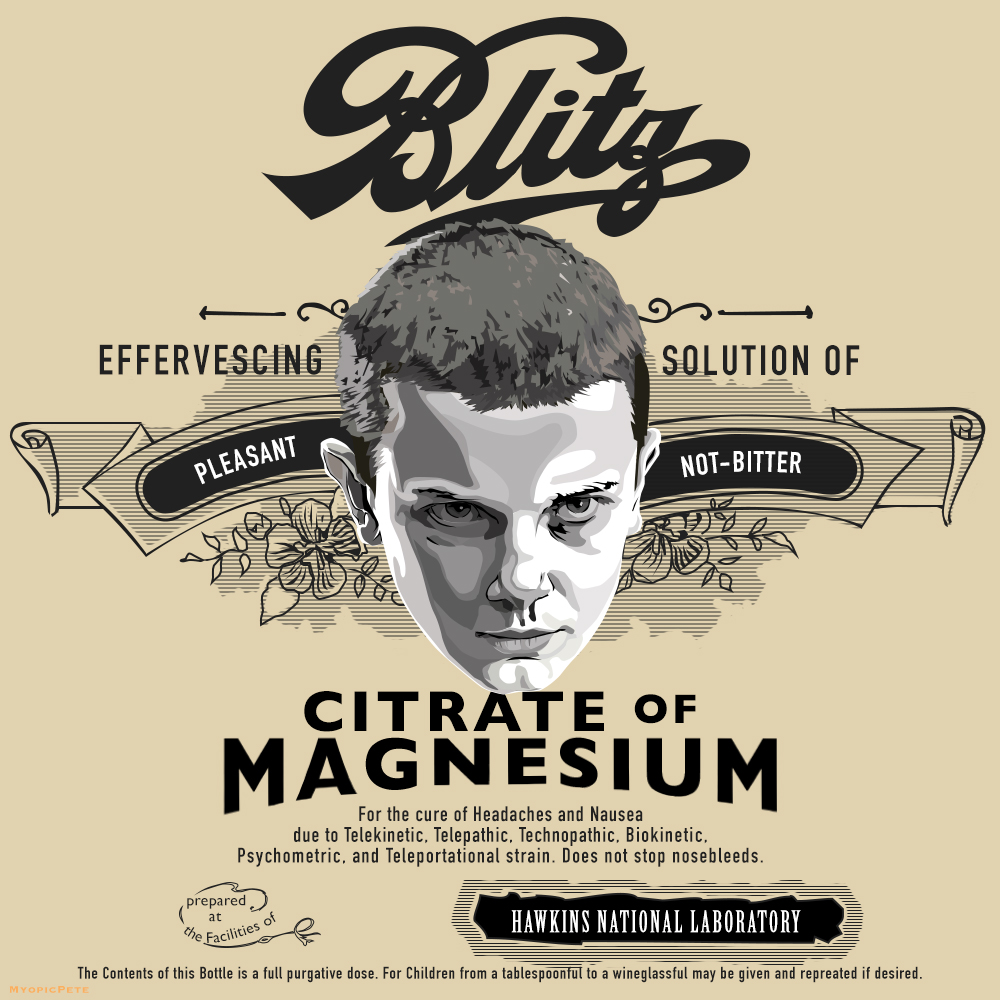 PeteMyopic's tweet photo. Hawkins Labs' Citrate of Magnesium #strangerthings #Eleven #popart #vintagelabel #digitalart #illustration #milliebobbybrown #thursdayvibes #netflix #StrangerThings4 #nerdy https://t.co/fLKFsTd6Xc