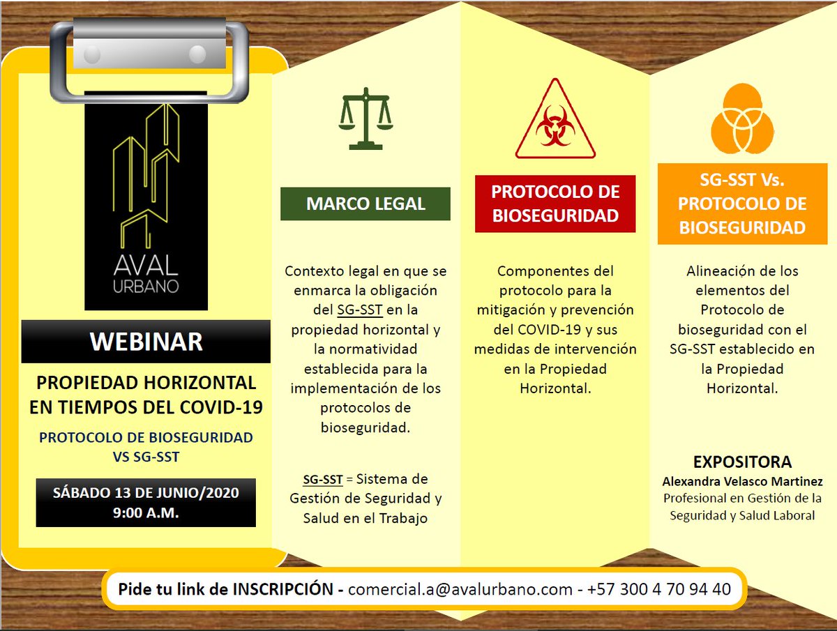 AvalUrbano's tweet photo. COVID-19, PROTOCOLOS DE BIOSEGURIDAD y su integración con el SG-SST, webinar: 𝗣𝗥𝗢𝗣𝗜𝗘𝗗𝗔𝗗 𝗛𝗢𝗥𝗜𝗭𝗢𝗡𝗧𝗔𝗟 𝗘𝗡 𝗧𝗜𝗘𝗠𝗣𝗢𝗦 𝗗𝗘𝗟 𝗖𝗢𝗩𝗜𝗗-𝟭𝟵.
𝗜𝗡𝗦𝗖𝗥𝗜𝗣𝗖𝗜𝗢́𝗡 𝗚𝗥𝗔𝗧𝗨𝗜𝗧𝗔: 𝗰𝗼𝗺𝗲𝗿𝗰𝗶𝗮𝗹.𝗮@𝗮𝘃𝗮𝗹𝘂𝗿𝗯𝗮𝗻𝗼.𝗰𝗼𝗺 +𝟱𝟳 𝟯𝟬𝟬𝟰𝟳𝟬𝟵𝟰𝟰𝟬 https://t.co/SidMbm5wxS