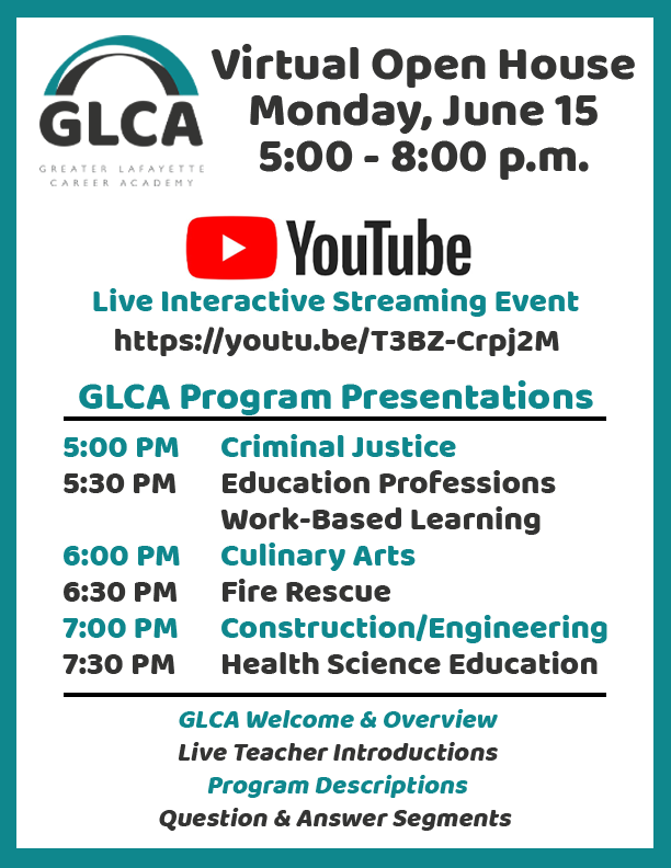 GLCareerAcademy's tweet photo. Greater Lafayette Career Academy Virtual Open House. Monday, June 15 from 5:00-8:00 PM live on YouTube. https://t.co/bm1FMrIedD 

@CounselorMavs @JHSGuidance1 @WL_RDP @WL_counseling @OaklandHS @GloriaGrigsby2 @jeff_principal @HHSPrincipal10 @McCutcheonHS https://t.co/uoJDOGQhyU
