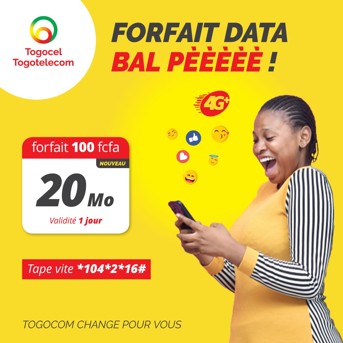 YasTogo's tweet photo. Nouveau forfait data bal pèèèè! Profite de 20 Mo de data à seulement 100f (Validité 1 jour).
Tape vite *104*2*16# et fais le plein de recharges !
Togocom change pour vous.
#Togocom #Togocel #TogoTelecom #4G https://t.co/M1i1RIGF96