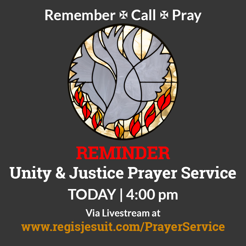RegisJesuitHS's tweet photo. TODAY: A reminder about the Call for Unity & Justice Prayer Service this afternoon livestreamed at https://t.co/LypByPdibW We invite you to join us for this opportunity to come together in prayer and hope. #RJPrays #RaidersTogether #RJCommunity #VeniSancteSpiritus https://t.co/2Z1fCRnwQU