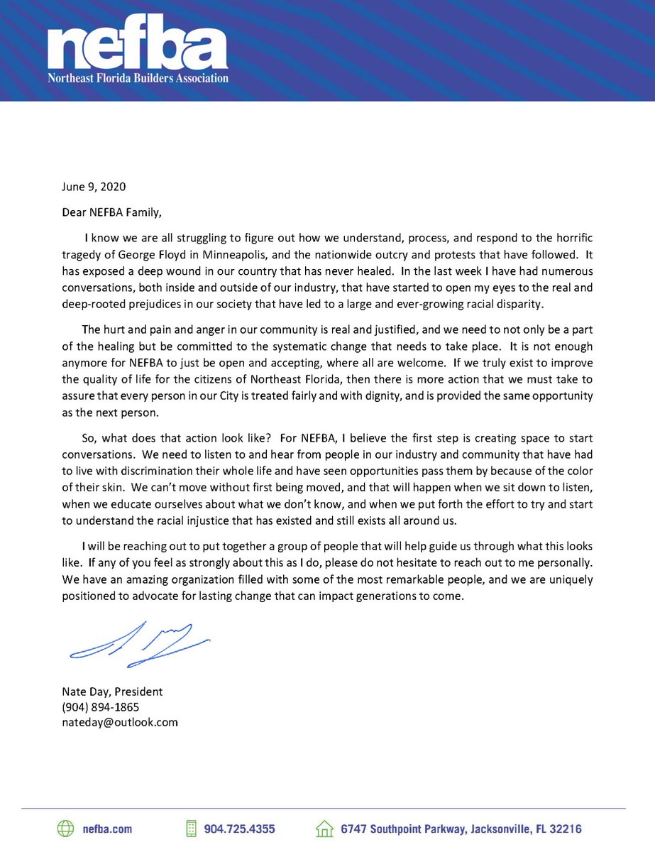 A letter from <a href="/nefbastrong/">NEFBA</a> President Nate Day to our NEFBA Family.