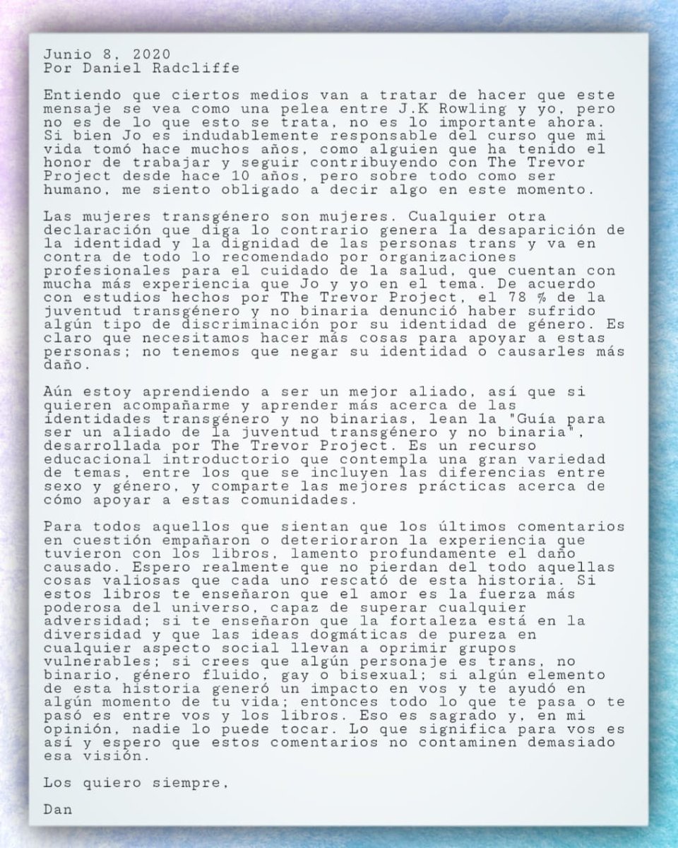 ChpArgentina's tweet photo. ✨Les compartimos el mensaje que dio Daniel en https://t.co/SJNsU5nFaa tras los dichos de J.K. Rowling durante  el fin de semana.✨ https://t.co/lxcUW254bU