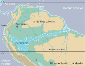 Al final del Mioceno (7-11MaAP) se produjo el levantamiento acelerado de los Andes del Norte y la fragmentación de los sistemas de drenaje. Se abrió la Amazonía Occidental y el levantamiento del Arco Vaupés dividió el Orinoco de la Amazonía.
