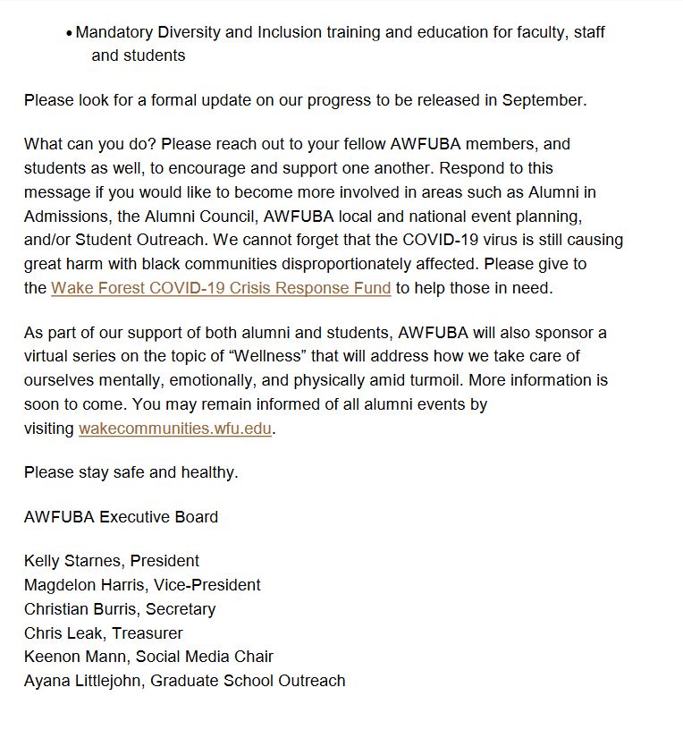 wfsocdept's tweet photo. Letter from the Executive Board of the Association of Wake Forest University Black Alumni (@AWFUBA) to members including some priorities for the university.
#wakeforest #awfuba #prohumanitate #racism https://t.co/P0RSz0XGEK