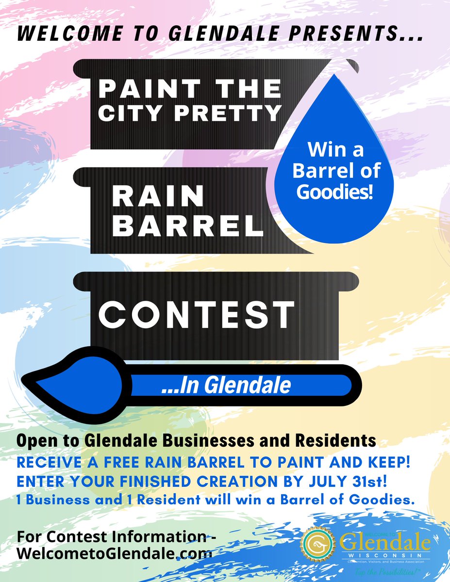 WELCOME TO GLENDALE is hosting a "Paint the City Pretty" Rain Barrel contest. Paint a rain barrel and you could win a "Barrel of Goodies". Hurry! Only 20 primed-and-ready-to-paint FREE rain barrels are available visit welcometoglendale.com/paint-the-city……/