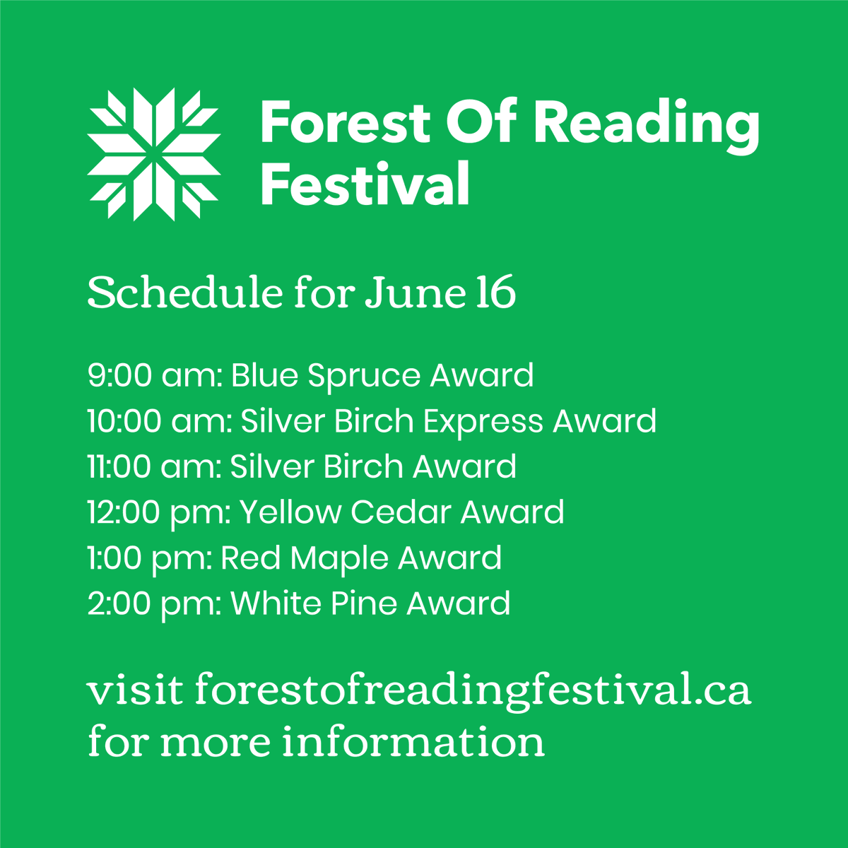 The countdown is on! In one week, the #ForestofReadingFestival will stream in partnership with <a href="/cbcbooks/">CBC Books</a> on Tuesday, June 16, starting at 9 am! Here’s the schedule for the English Awards - details on the French award ceremonies coming very soon! #IReadCanadian
