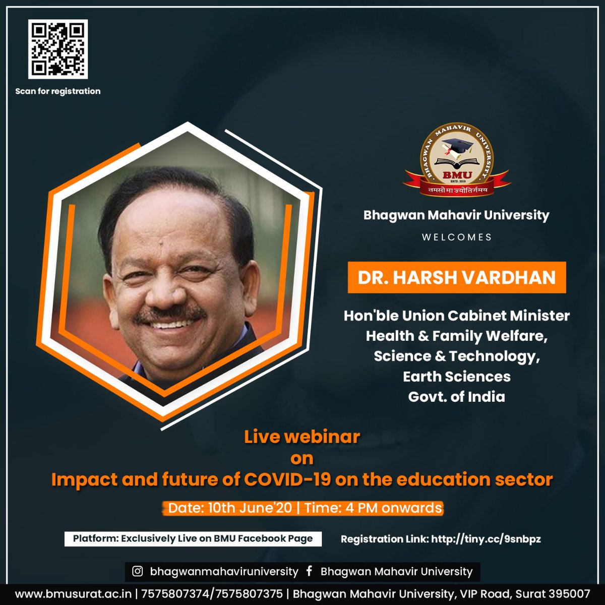 mscet111's tweet photo. Bhagwan Mahavir University is privileged to have Dr. Harsh Vardhan, executive board chairman of WHO, as a speaker for a live webinar.
. . .
Date: 10th June'20
Time: 4 PM onwards
Registration Link
https://t.co/tMvjXaAQVO
#educationsector #WHO #onlineknowledge https://t.co/jifNaVhbj9