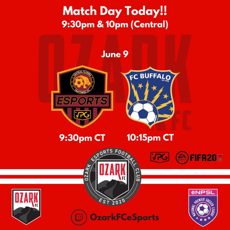 Catch all the #enpsl esports action tonight on our social channels.
.
.
Twitch.tc/ozarkfcesports
Facebook.com/ozarkfc
YouTube: OzarkFC
.
.
<a href="/CfscPanthers/">CFSC Panthers</a> <a href="/FCBuffalo/">FC Buffalo</a> <a href="/NPSLSoccer/">National Premier Soccer League (NPSL)</a>