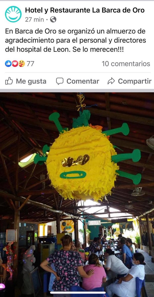 Mmendoza1970's tweet photo. Vean esta lindura, dueña del restaurante La Barca de Oro, en Peñitas Poneloya, organizó almuerzo para personal médico de León que llegó sin tomar ninguna medida... ah, había una piñata para reventarle la vida al Coronavirus. https://t.co/qMny4t6n49