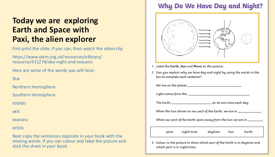 ClareYear's tweet photo. Here is your science learning for the week exploring Earth and Space. 🌍 #sciencestannese1 @StAnnesCPS https://t.co/ffvFnGM4gW