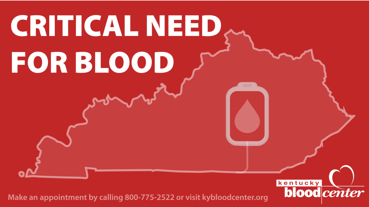 KYBloodCenter's tweet photo. There is a CRITICAL need for blood. Only a one day supply of blood is on the shelves. Please consider donating soon. Kentucky patients need you.

All donations are by appointment only. Make an appointment by calling 800-775-2522 or visiting https://t.co/MyKChmmUjI https://t.co/dn7ZHwpQl8