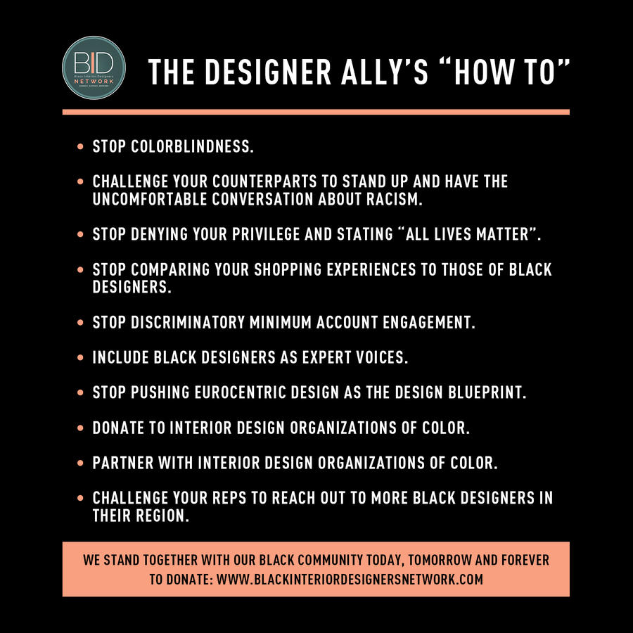 The Washington Design Center has made a donation to the <a href="/BLK_ID_Network/">Blk Int Designers</a> and we encourage you to as well through the link in our bio. ⠀
We must continue to strive toward inclusion and equality, TOGETHER. We are a #BIDNAlly #blackinteriordesignersnetwork ⠀