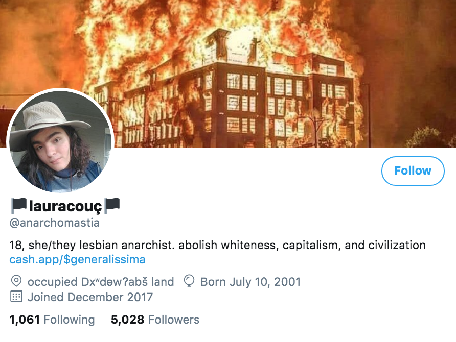mtracey's tweet photo. This is one of the individuals running the "Capitol Hill Autonomous Zone" in Seattle. No additional commentary from me needed, lol https://t.co/eDYfFQOQLU