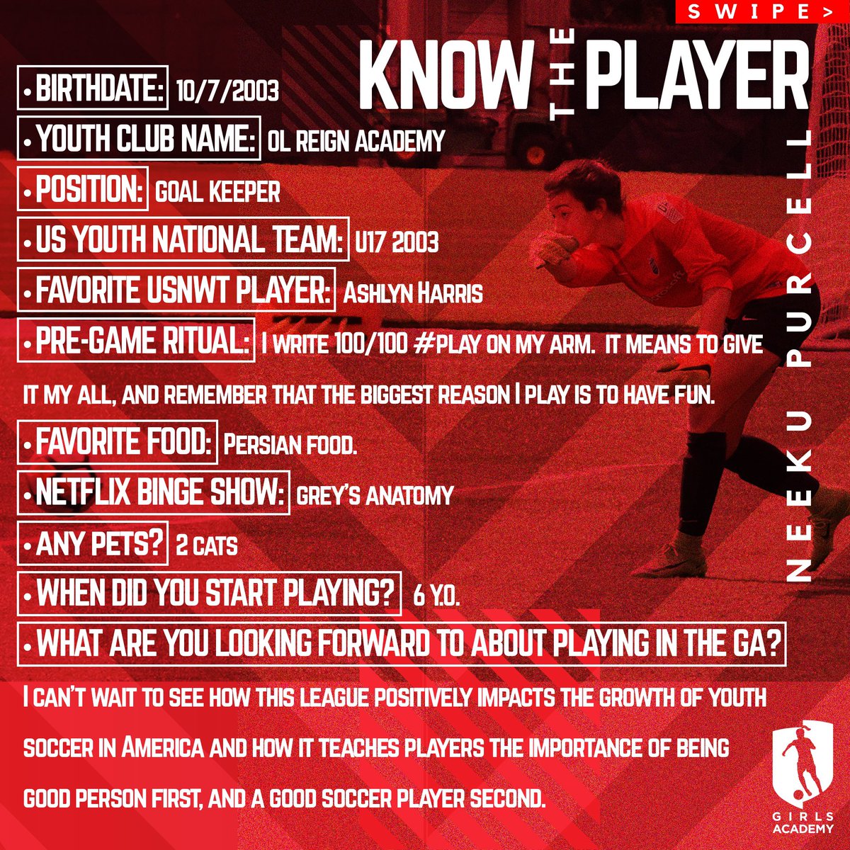GAcademyLeague's tweet photo. PLAYER SPOTLIGHT! Get to know one of the many USYNT players that will be competing in the GA this season, NEEKU PURCELL!! Swipe for an insight into Neeku’s journey so far and don’t miss the video... WOW! #GAWTP #GAFTP #GAOAM #USYNT #NEEKU https://t.co/syNg5x6uAH