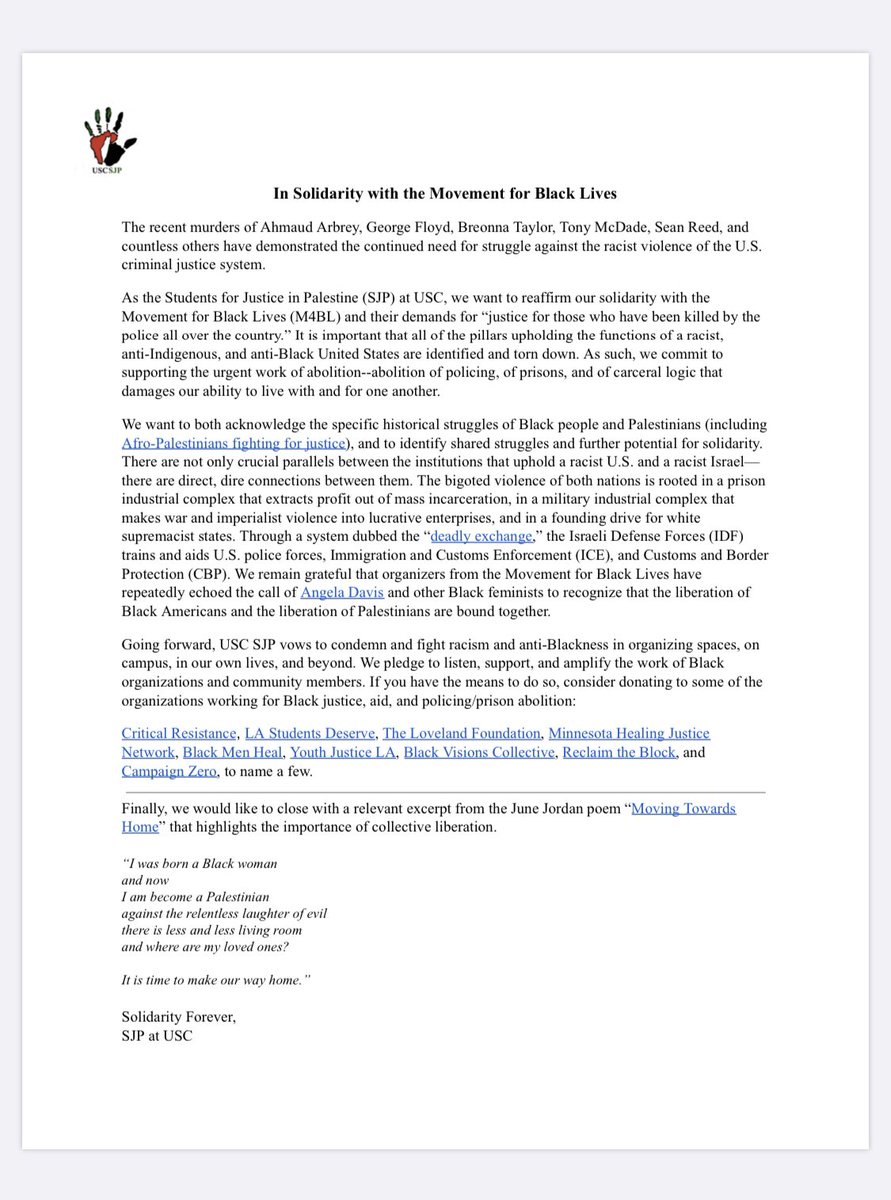 usc_sjp's tweet photo. SJP at USC stands in firm solidarity with our Black comrades and all members of the Black community in their struggle for liberation.

Statement on USC SJP Solidarity with the Movement for Black Lives: https://t.co/37TIbG35Gx https://t.co/0DTuJz5mwN