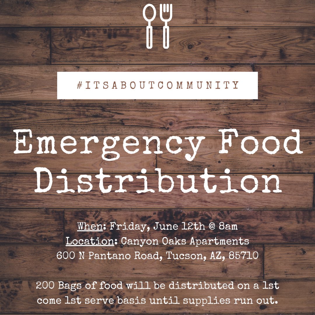 We know these are trying times, but we are #TucsonStrong! 💪🌵

For details regarding this event please visit our Facebook page. ⬇️⬇️⬇️

#ItsAboutCommunity #FreeFoodDistribution #Tucson #freefood #opentothepublic #firstcomefirstserve #tucsonarizona #communitylove