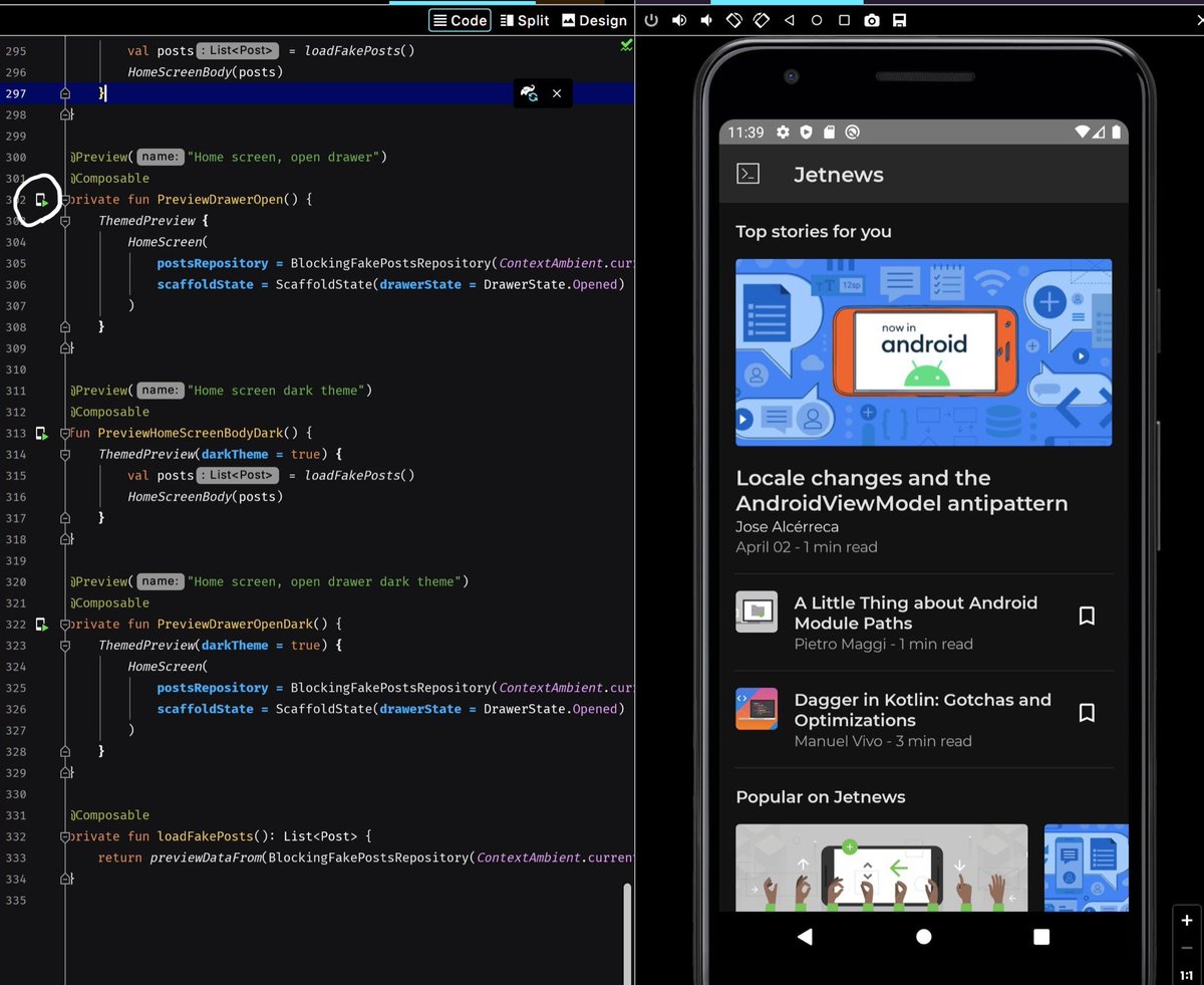 Sato Shun على تويتر Compose Android Studio 4 1だと 行番号の隣にある端末アイコンをクリックするだけで 特定のcompose Previewをandroid Studio内エミュレータで実行できた