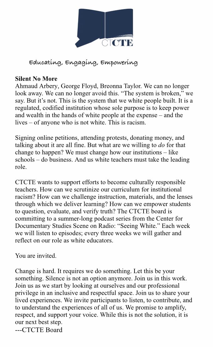 cte_ct's tweet photo. A statement from our leadership. We hope you’ll join us in conversation and action. #NCTEAffiliates #NEATE #CASL #CTReading https://t.co/YH9PeybvYT