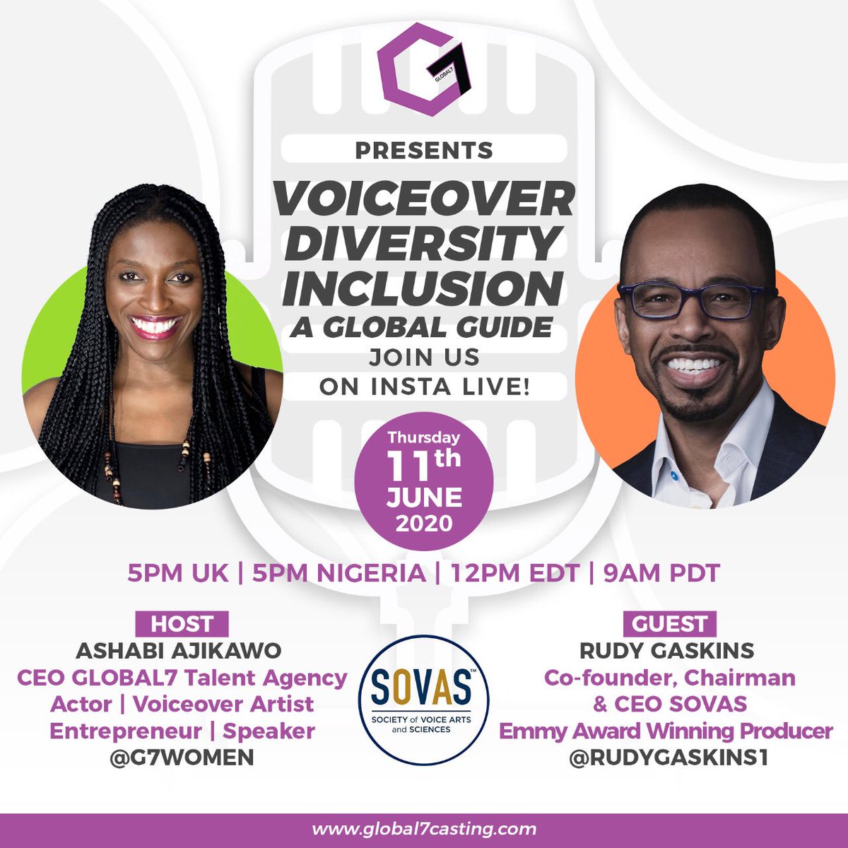 @rgaskins1 @Joanthevoice @SovasVoice Really looking forward to this! Please make sure you join us! #GLOBAL7 #RudyGaskins #JoanBaker #SOVAS #EmmyWinner #WorkingMums #Purpose #CEOMindset #Empowerment  #Equality #Diversity #Inclusion #Covid19 #VoiceOvers #VO #ActorsLife 💫