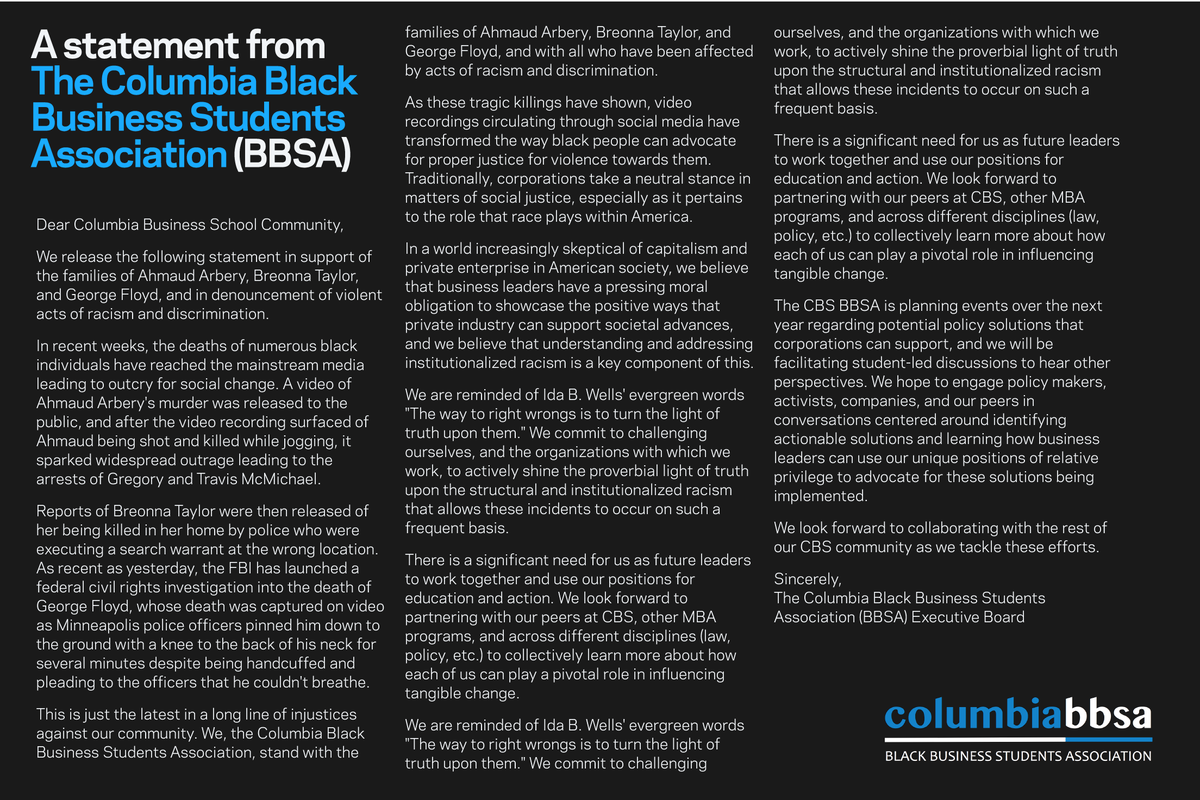 On May 27, the Columbia Black Business Students Association (BBSA) Executive Board shared this statement with students in support of the families of Ahmaud Arbery, Breonna Taylor, and George Floyd, and in denouncement of violent acts of racism and discrimination.