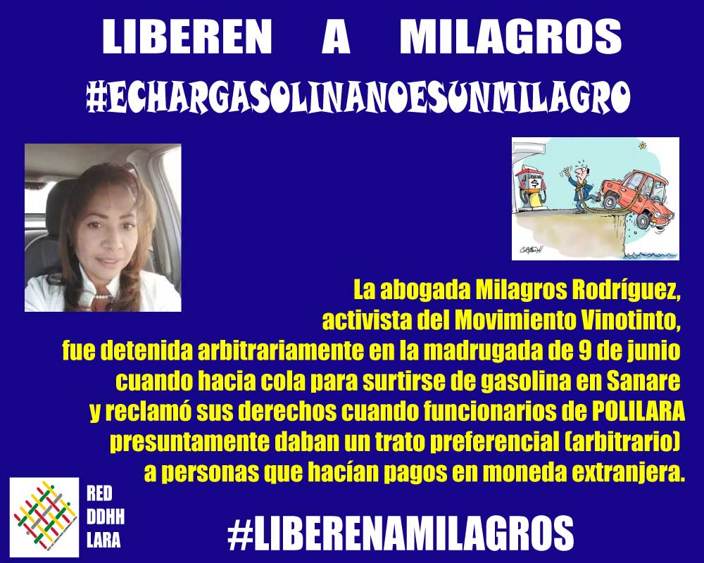 Redlaraddhh's tweet photo. La Abog. Milagros reclamó su derecho a un trato igualitario para surtirse de gasolina. Nadie puede ser privado de la vida arbitrariamente. Convención Americana Art. 4. #LiberenaMilagros #EcharGasolinaNoEsUnMilagro @gestionperfecta @MinpublicoVE @defensoria_lara #Polilara https://t.co/ef3DtGdiao