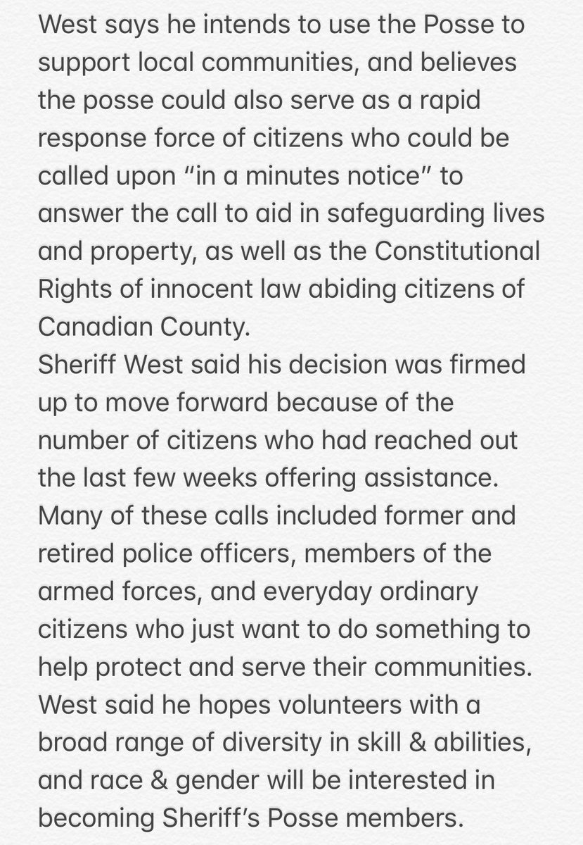 KOCOAbigail's tweet photo. ‼️BREAKING: OKLAHOMA SHERIFF CREATING POSSE:

‘Canadian Co. Sheriff Chris West is interested in volunteers willing to assist in missions, including in times of local crisis, or state of emergency. Citizens who could be called upon “in a minutes notice” to answer the call.’ https://t.co/ZdPKoNeKNR