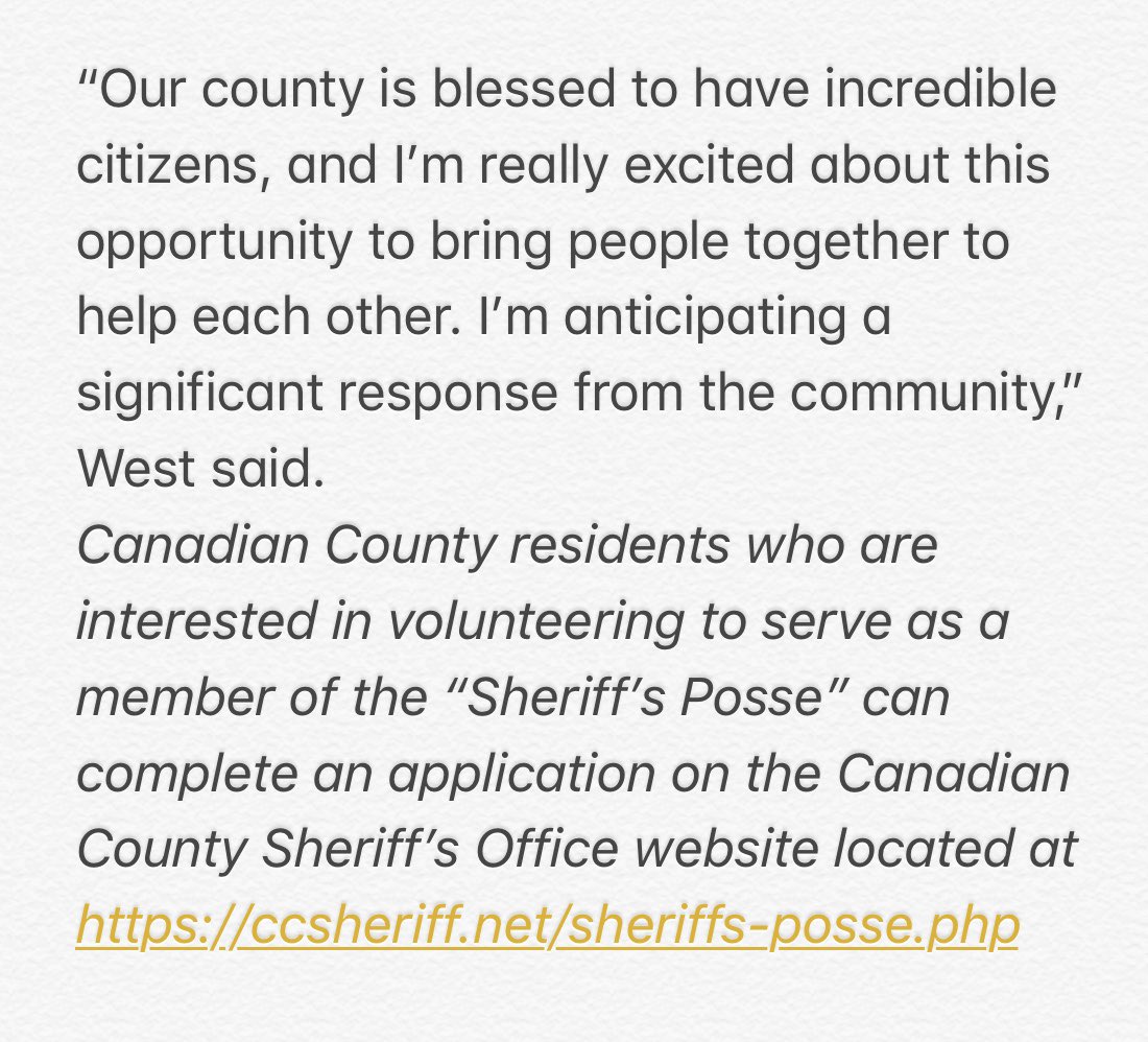 KOCOAbigail's tweet photo. ‼️BREAKING: OKLAHOMA SHERIFF CREATING POSSE:

‘Canadian Co. Sheriff Chris West is interested in volunteers willing to assist in missions, including in times of local crisis, or state of emergency. Citizens who could be called upon “in a minutes notice” to answer the call.’ https://t.co/ZdPKoNeKNR