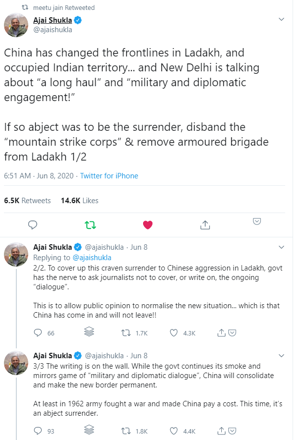 GorwayGlobal's tweet photo. @rahulkanwal @IndiaToday You, @rahulkanwal, are shamelessly providing #CoveringFire for a Govt that is either afraid or ashamed or both to admit the truth that the Chinese Army, far from being repulsed , or even engaged by Indian troops, has merely been accommodated. See: https://t.co/FUvmGi27l6