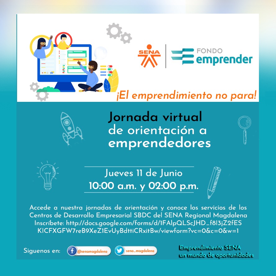 sena_magdalena's tweet photo. 📣Atención este jueves 11 de junio tendremos asesorías de Emprendimiento Virtual.
Puedes inscribirte en este enlace:
https://t.co/U3KYguLjfq
@SENAComunica @EstradaCarlosM https://t.co/C6Q0fHCLXb