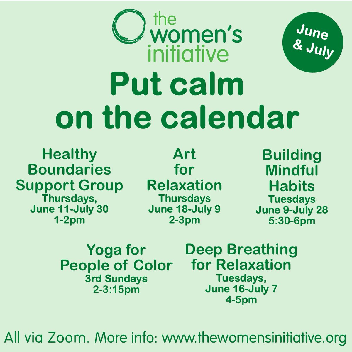 Our new virtual offerings this June and July provide spaces for support, stress relief, and self-care.
Learn more: thewomensinitiative.org/groups-social-…